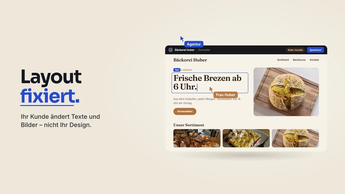 Standbild aus unserem Film: eine Kundin ändert eine Überschrift, das Layout bleibt – „Layout fixiert. Ihr Kunde ändert Texte und Bilder, nicht Ihr Design.“