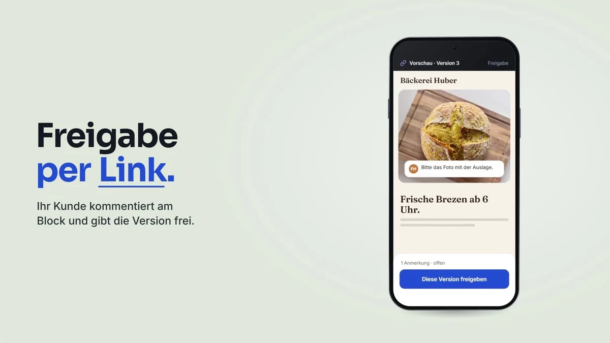 Standbild aus unserem Film: Handy mit Vorschau und Knopf „Diese Version freigeben“, daneben „Freigabe per Link.“