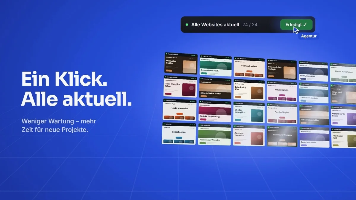 Standbild aus unserem Film: alle Kunden-Websites aktualisiert, daneben „Ein Klick. Alle aktuell. Weniger Wartung – mehr Zeit für neue Projekte.“