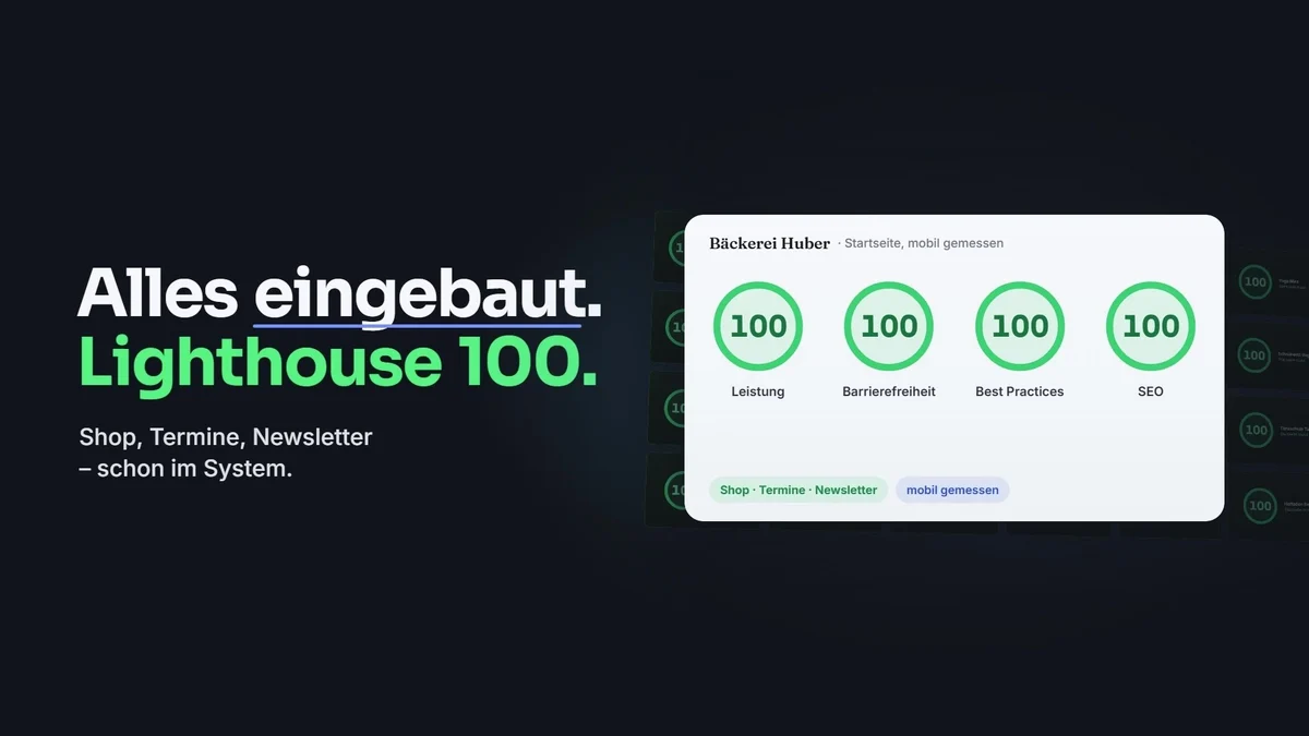Standbild aus unserem Film: vier Lighthouse-Werte 100 für eine Beispiel-Startseite, daneben „Alles eingebaut. Lighthouse 100.“