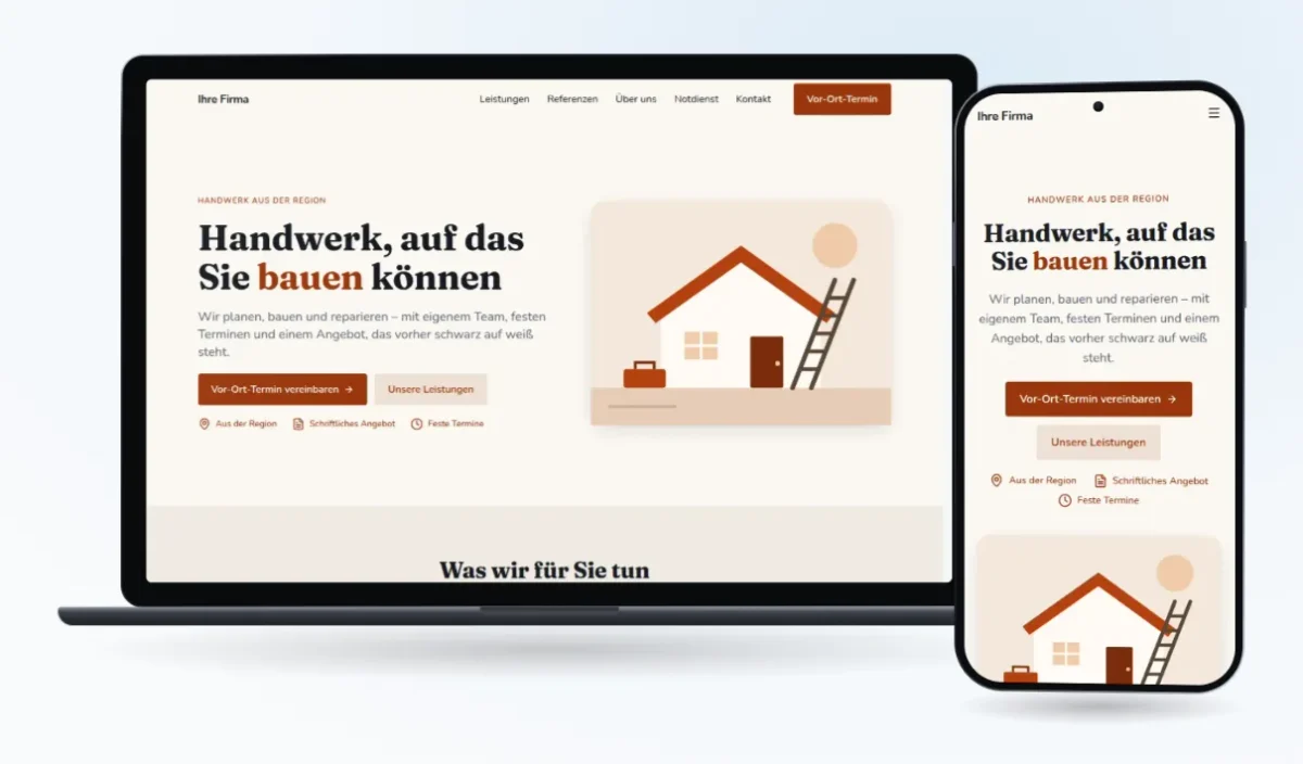 Unsere Vorlage „Handwerk“ auf Laptop und Handy: „Handwerk, auf das Sie bauen können“ mit Knopf „Vor-Ort-Termin vereinbaren“