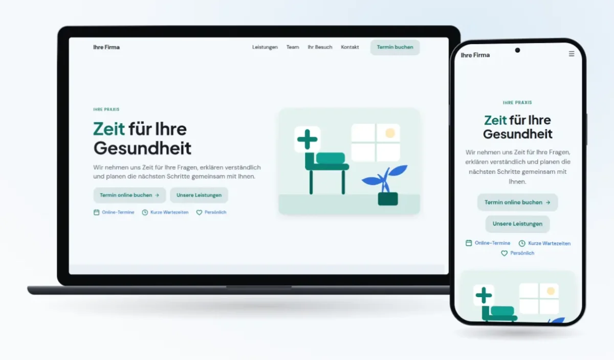 Unsere Vorlage „Gesundheit & Praxis“ auf Laptop und Handy: „Zeit für Ihre Gesundheit“ mit Knopf zur Online-Terminbuchung
