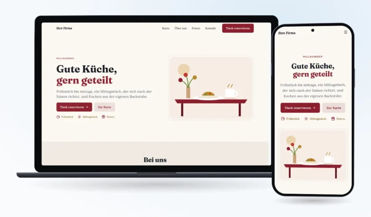 Unsere Vorlage „Gastronomie & Café“ auf Laptop und Handy: „Gute Küche, gern geteilt“ mit Knöpfen „Tisch reservieren“ und „Zur Karte“