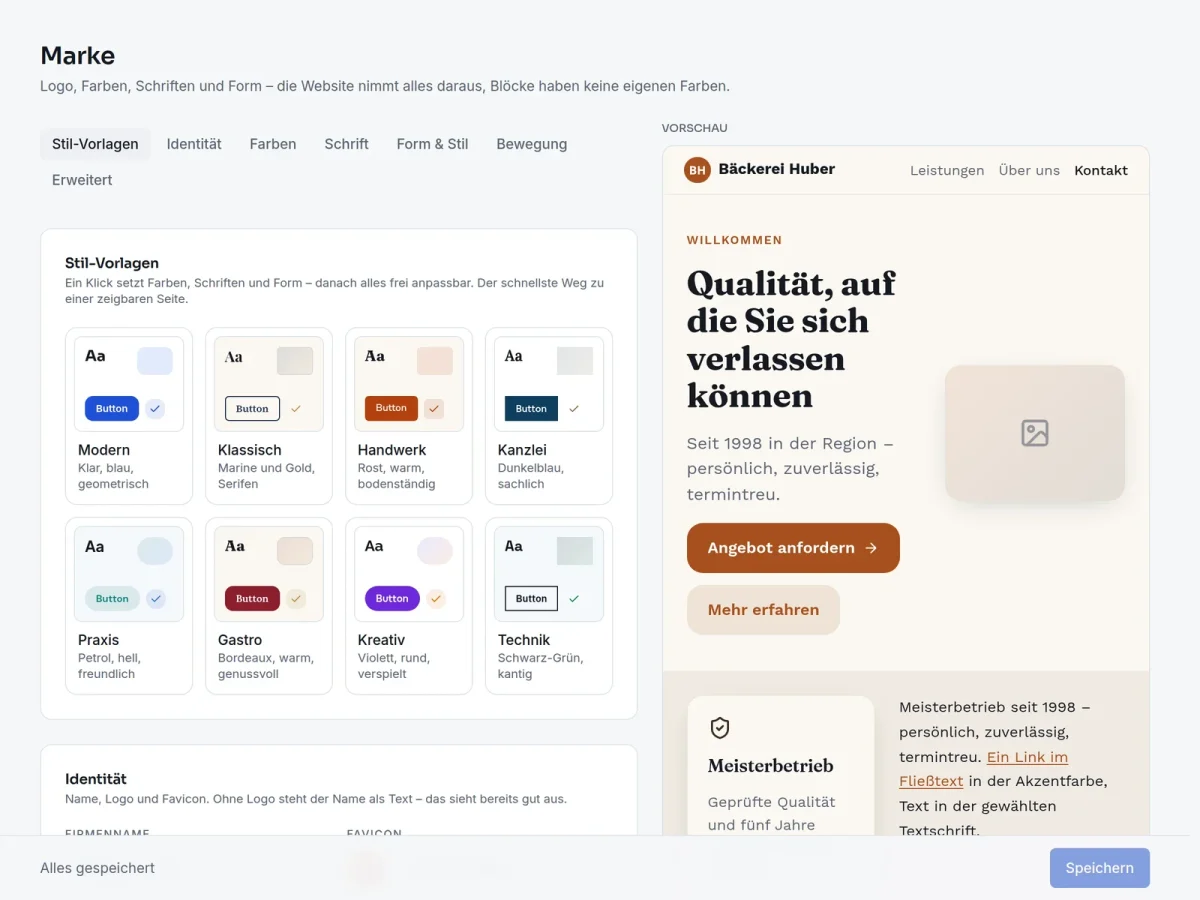 Marke im Studio: Stil-Vorlagen für Farben und Schriften mit Vorschau der Website daneben