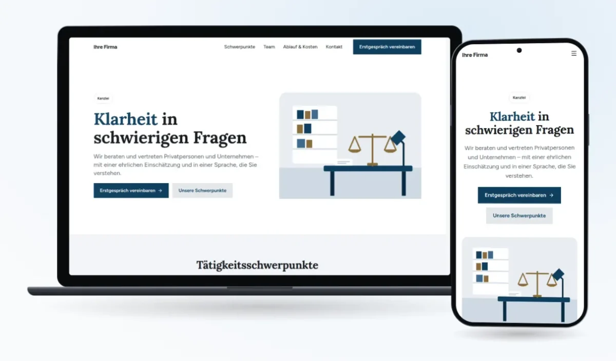 Unsere Vorlage „Kanzlei & Beratung“ auf Laptop und Handy: „Klarheit in schwierigen Fragen“ mit Knopf „Erstgespräch vereinbaren“