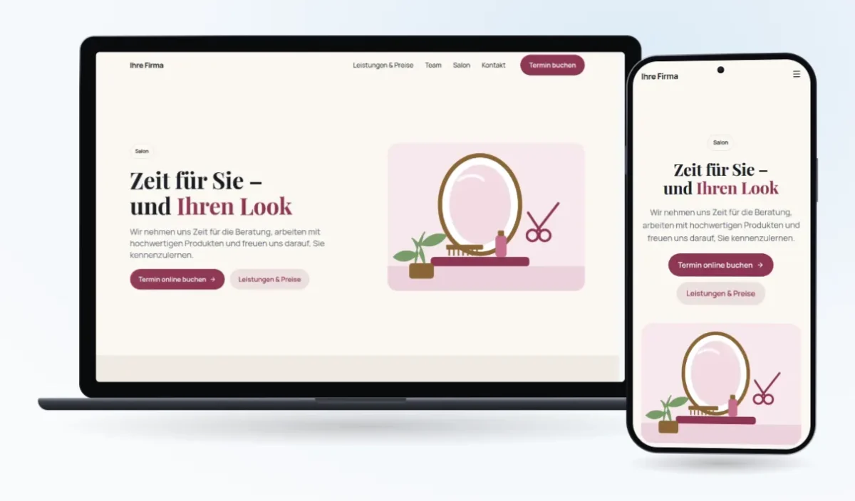 Unsere Vorlage „Beauty & Friseur“ auf Laptop und Handy: „Zeit für Sie – und Ihren Look“ mit Knopf „Termin online buchen“