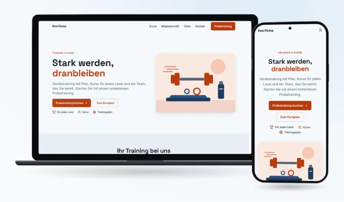 Unsere Vorlage „Fitness & Kurse“ auf Laptop und Handy: „Stark werden, dranbleiben“ mit Knopf „Probetraining buchen“