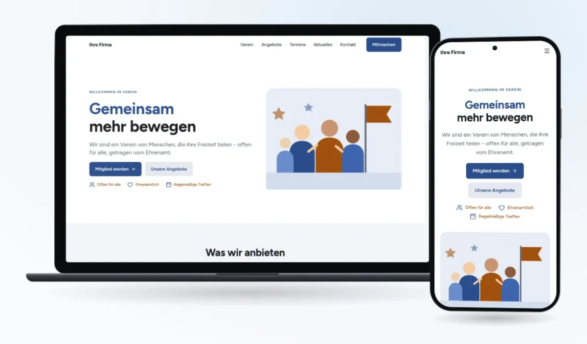 Unsere Vorlage „Verein & Organisation“ auf Laptop und Handy: „Gemeinsam mehr bewegen“ mit Knopf „Mitglied werden“