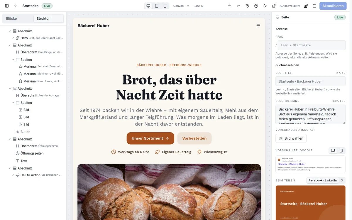 Studio von UnifiedCMS: links der Seitenaufbau, in der Mitte die Startseite einer Beispiel-Bäckerei, rechts die Felder des gewählten Blocks