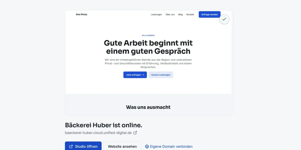 Workspace einer Agentur: „Bäckerei Huber ist online“ mit Vorschau der Website und dem Knopf Studio öffnen