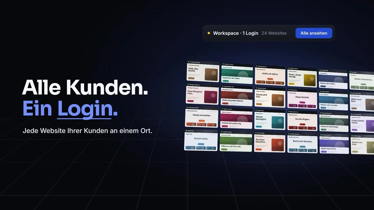 Standbild aus unserem Film: viele Kunden-Websites als Kacheln, darüber „Workspace · 1 Login“, daneben „Alle Kunden. Ein Login.“